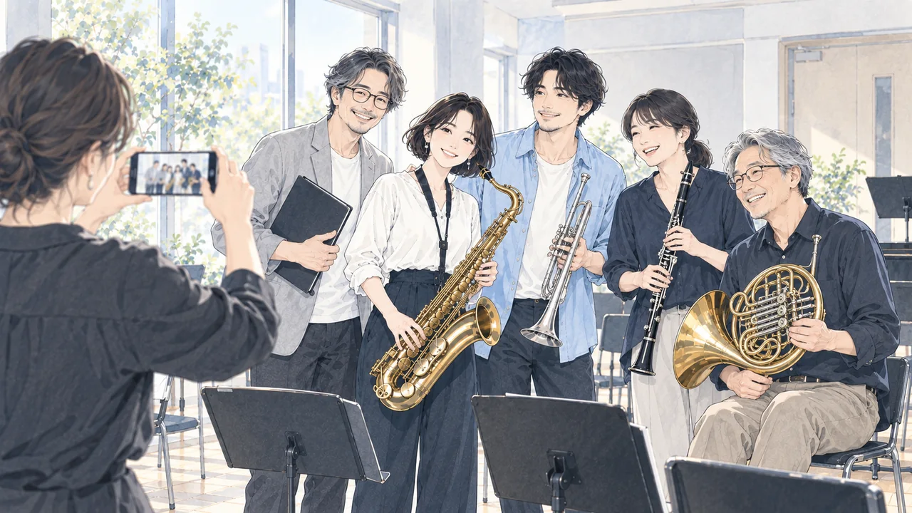 楽器を手にした音楽仲間が集まっている様子