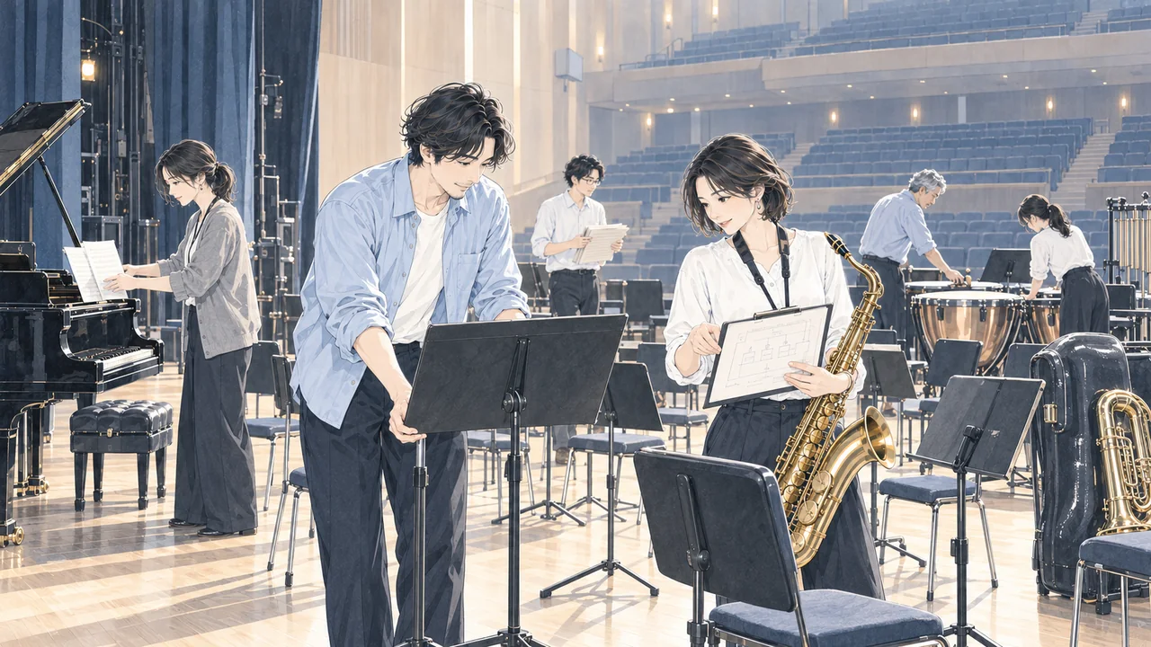本番前のステージで打ち合わせをする奏者
