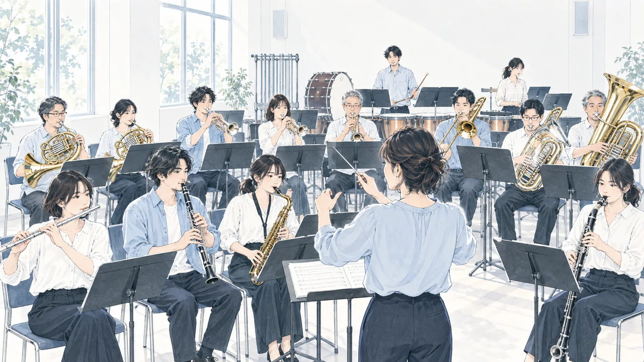 明るい合奏室で、指揮者を囲んで吹奏楽を楽しむ団員たち