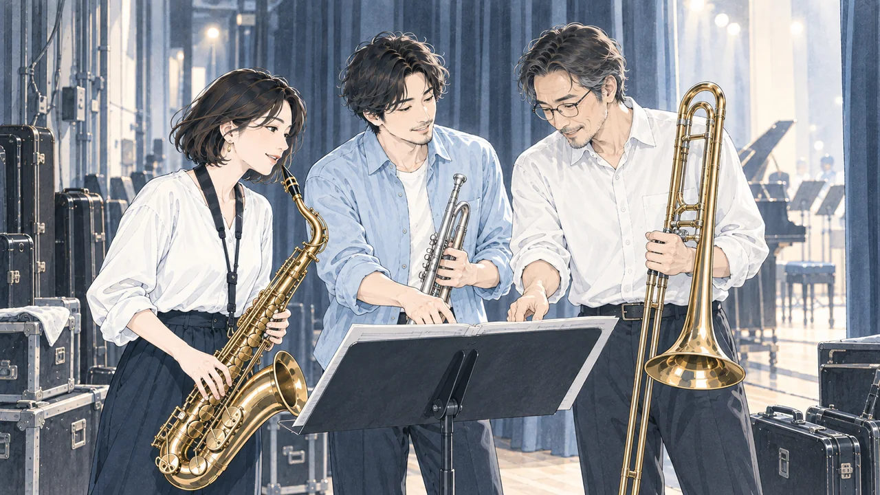 先生が管楽器奏者と譜面を確認しながら指導する様子