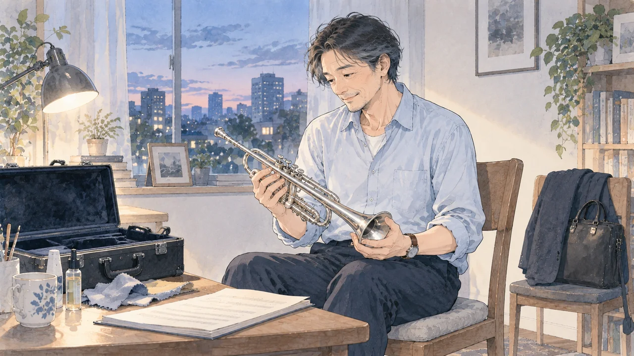 部屋でトランペットの練習準備をする奏者